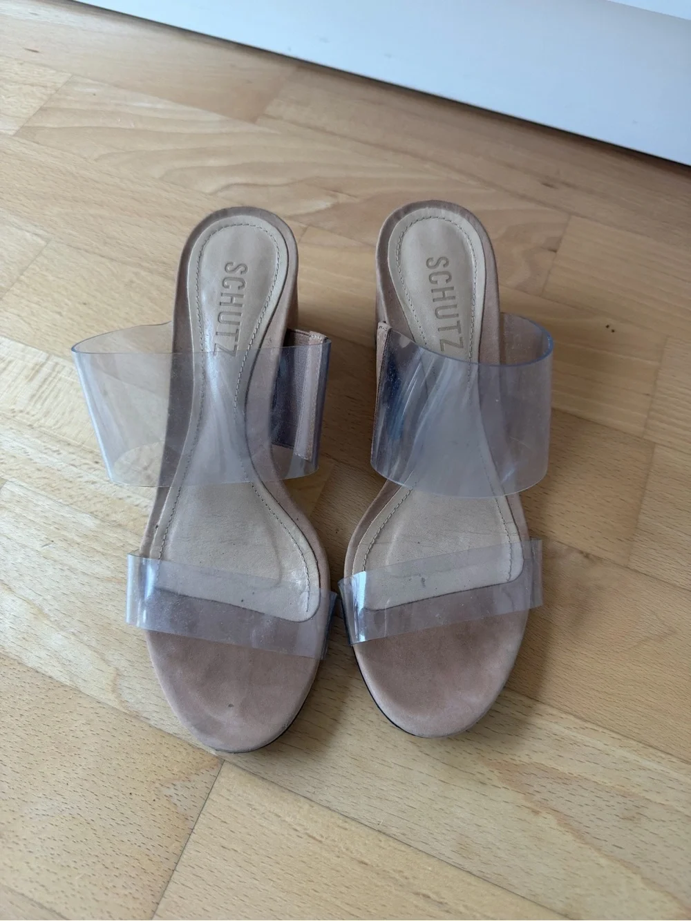 SCHUTZ Clear Strap Slide Sandals with Nude Footbed